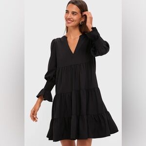 Pomander Place Tuckernuck Black Crepe Kenzo Dress Tiered Mini Smocked Sleeve S
